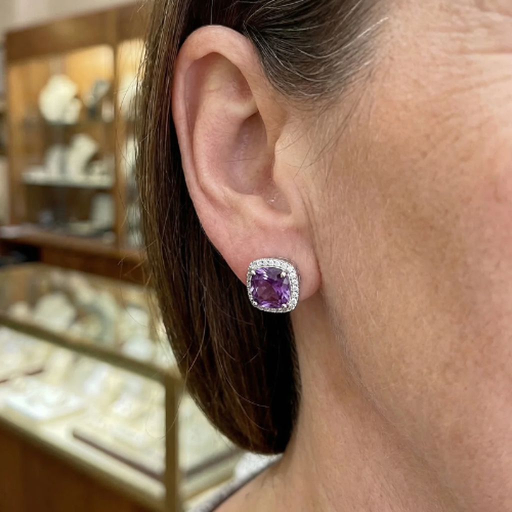 Amethyst Square Pave Stud Earrings | White Gold