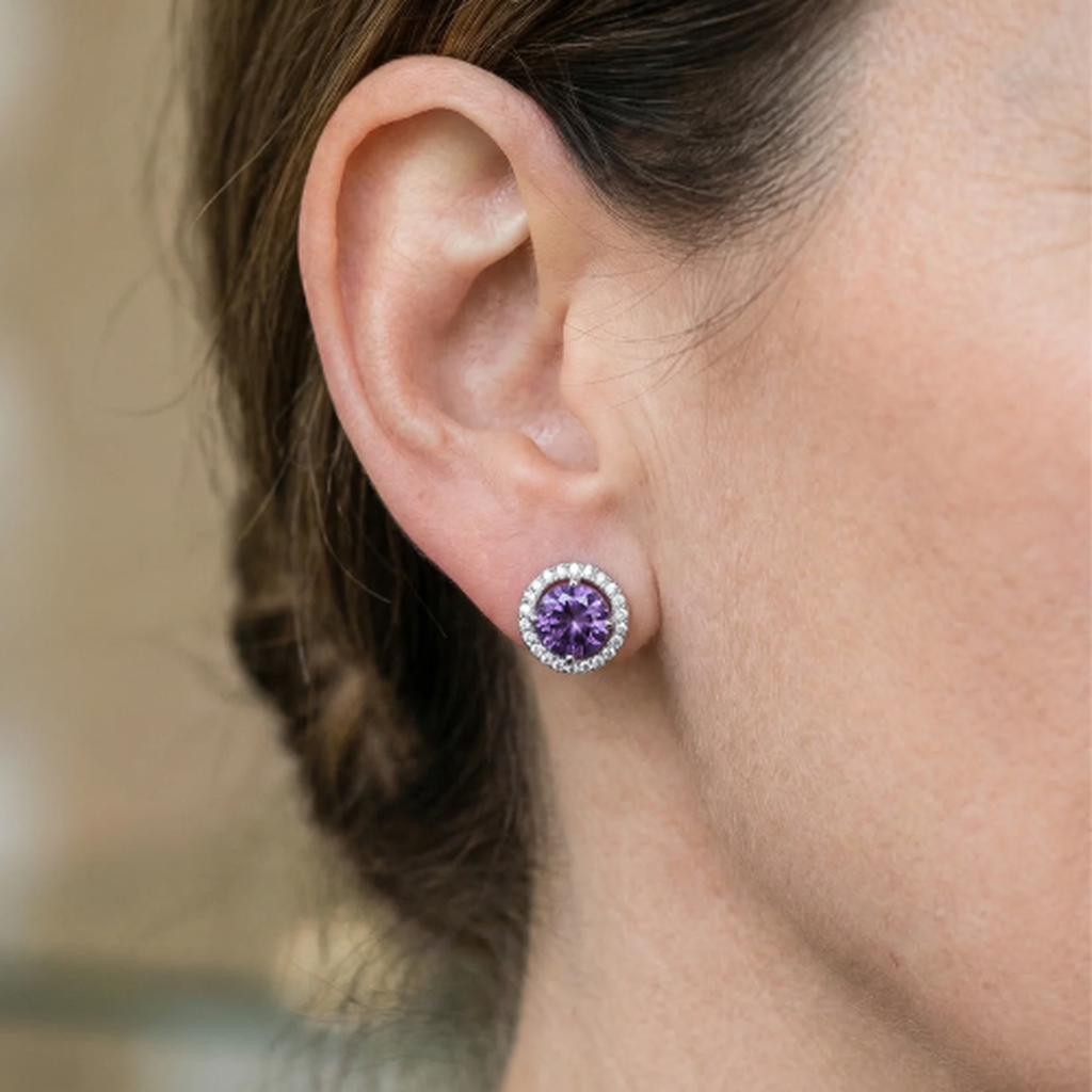 Amethyst Round Pavé Earrings | White Gold