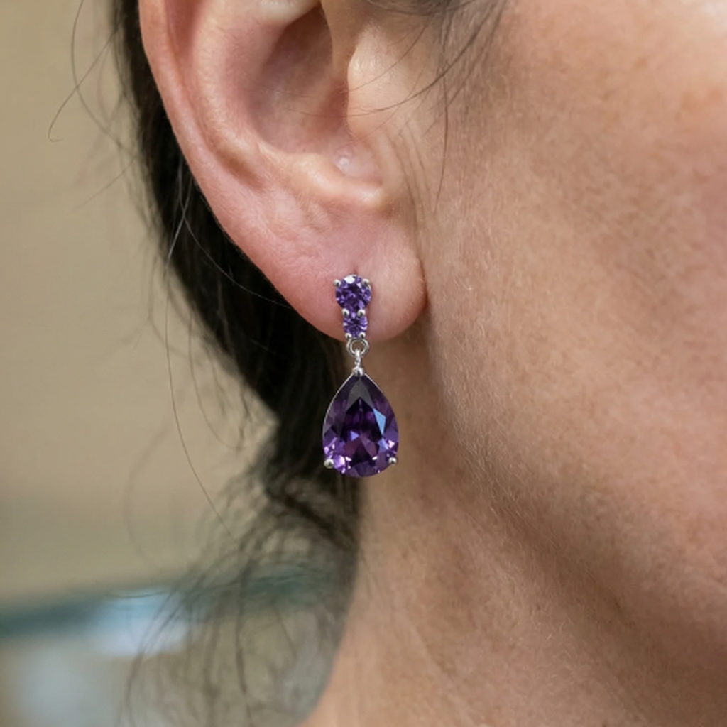 Amethyst Drop Earrings | White Gold