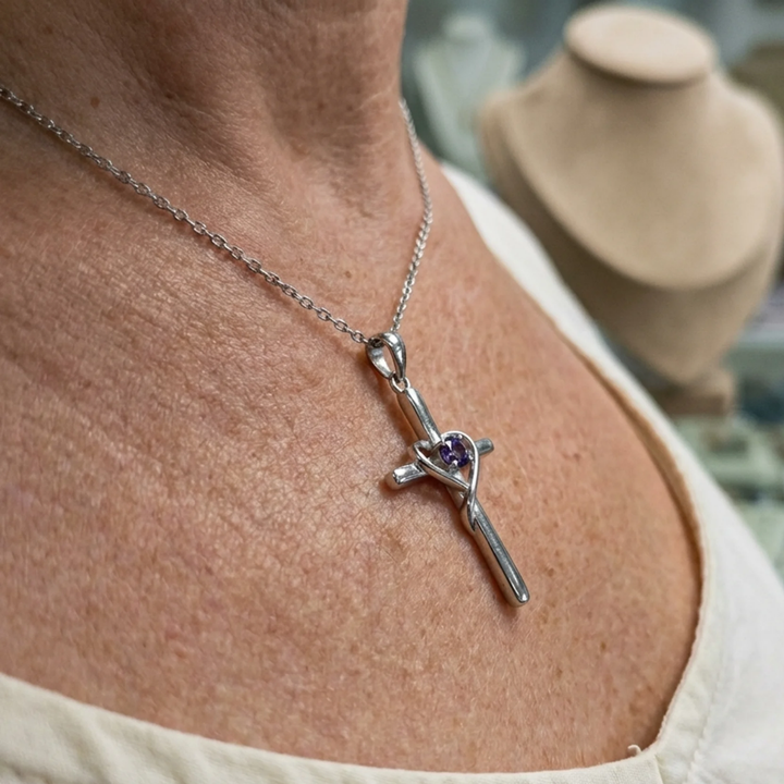 Amethyst Centre Cross Necklace | White Gold