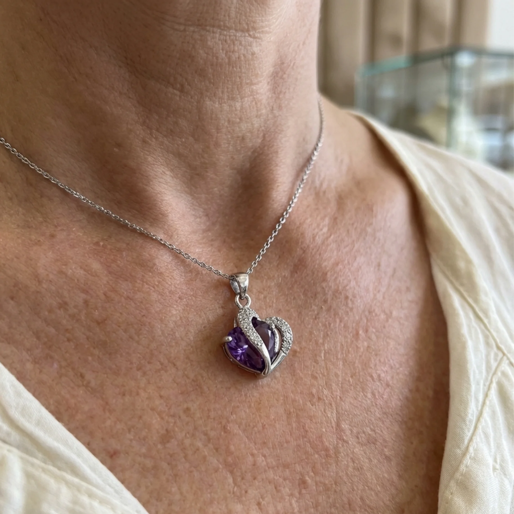 Amethyst Two Hearts Necklace | White Gold