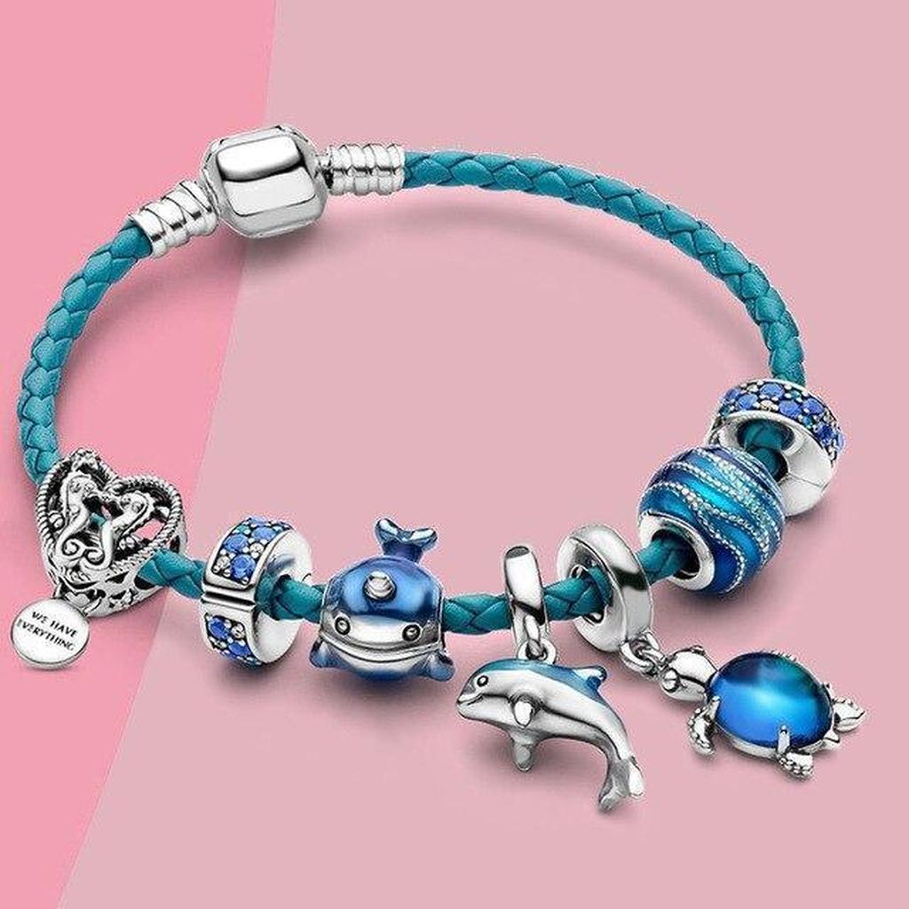Ocean Bracelet with Leather and White Gold Charms