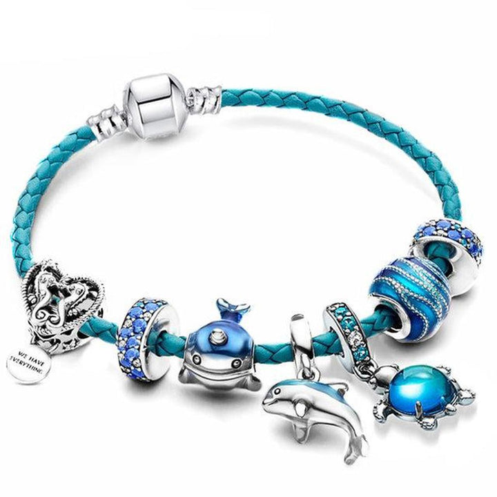 Ocean Bracelet with Leather and White Gold Charms