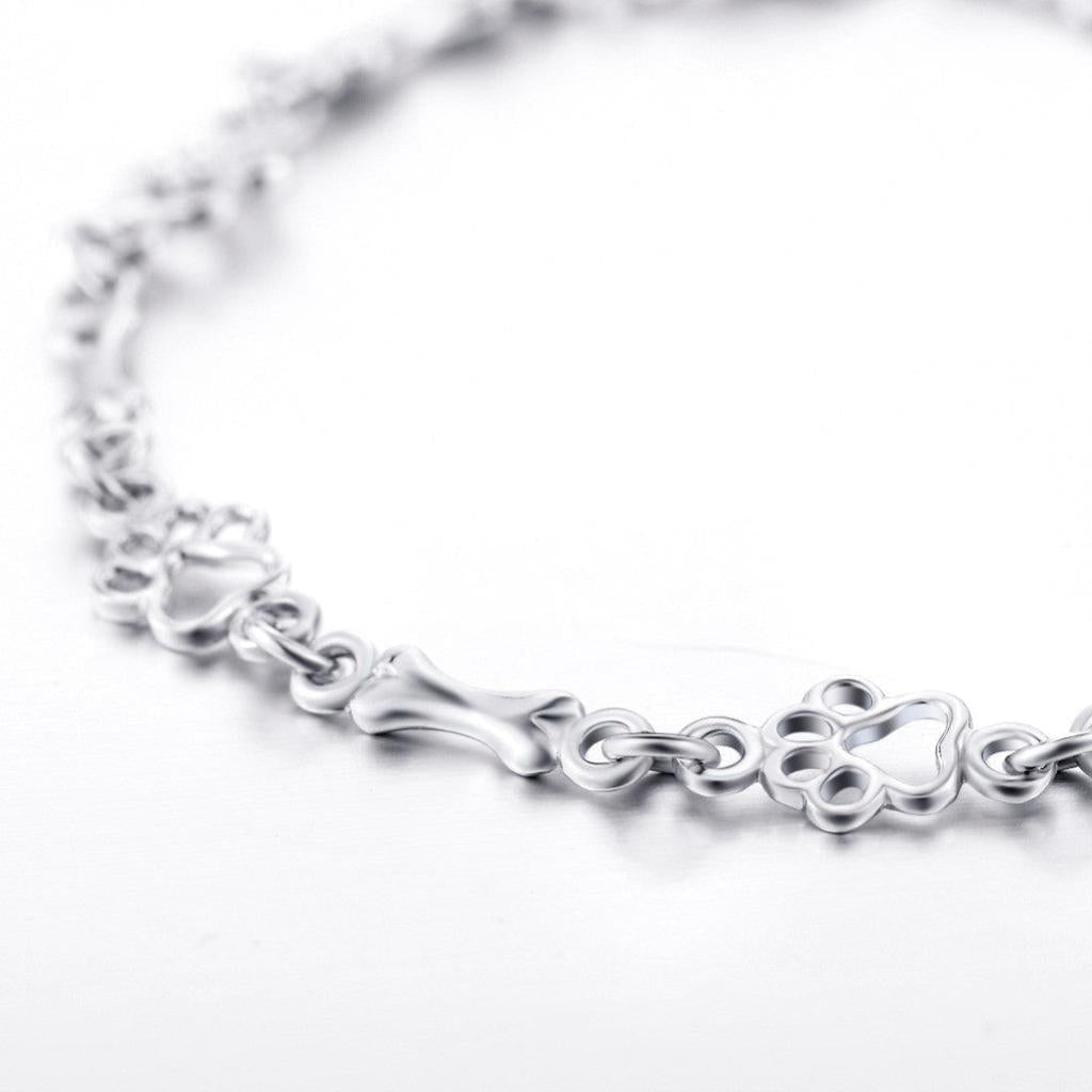 Bracelet with Hanging Dog Paws and Bones in White Gold, Limited Edition