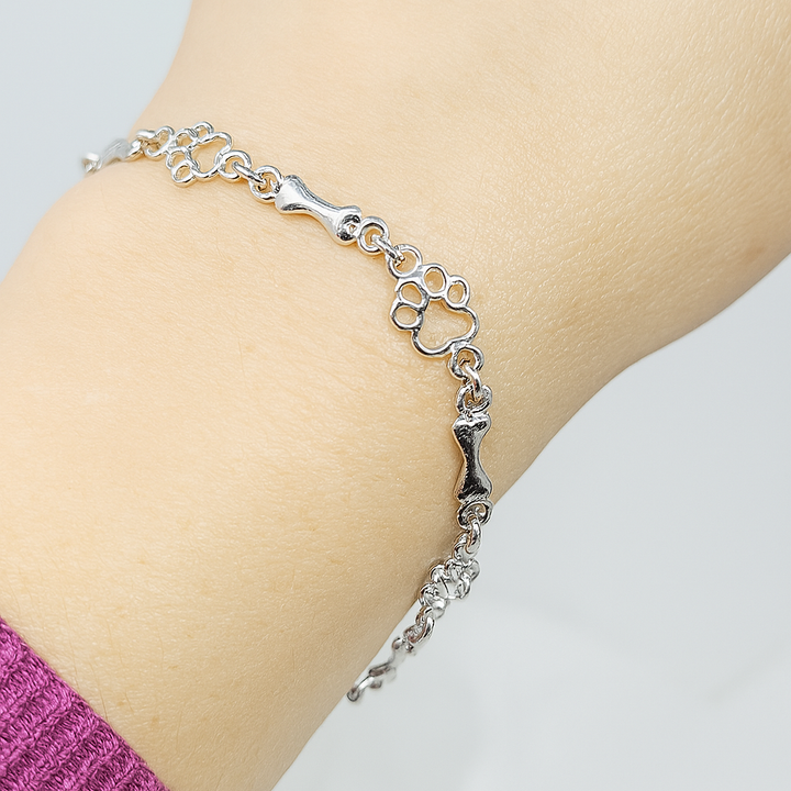 Bracelet with Hanging Dog Paws and Bones in White Gold, Limited Edition
