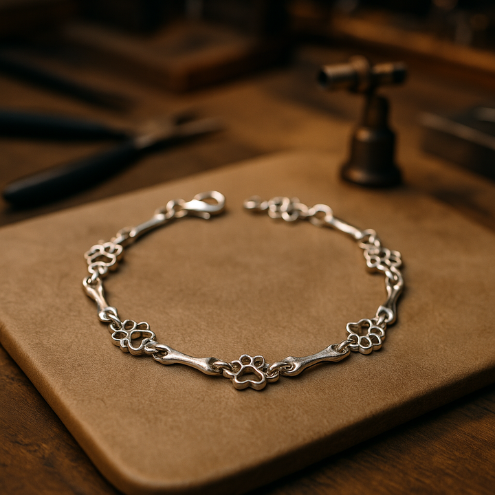 Bracelet with Hanging Dog Paws and Bones in White Gold, Limited Edition