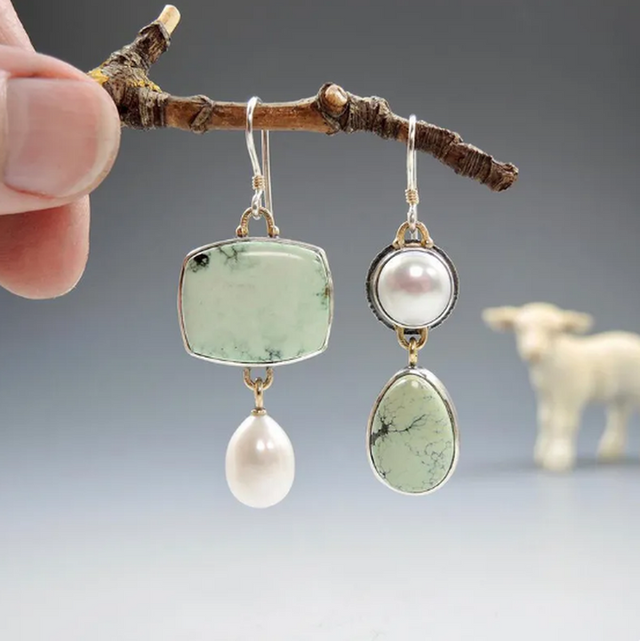 Asymmetric Pearl and Green Lacquer Earrings