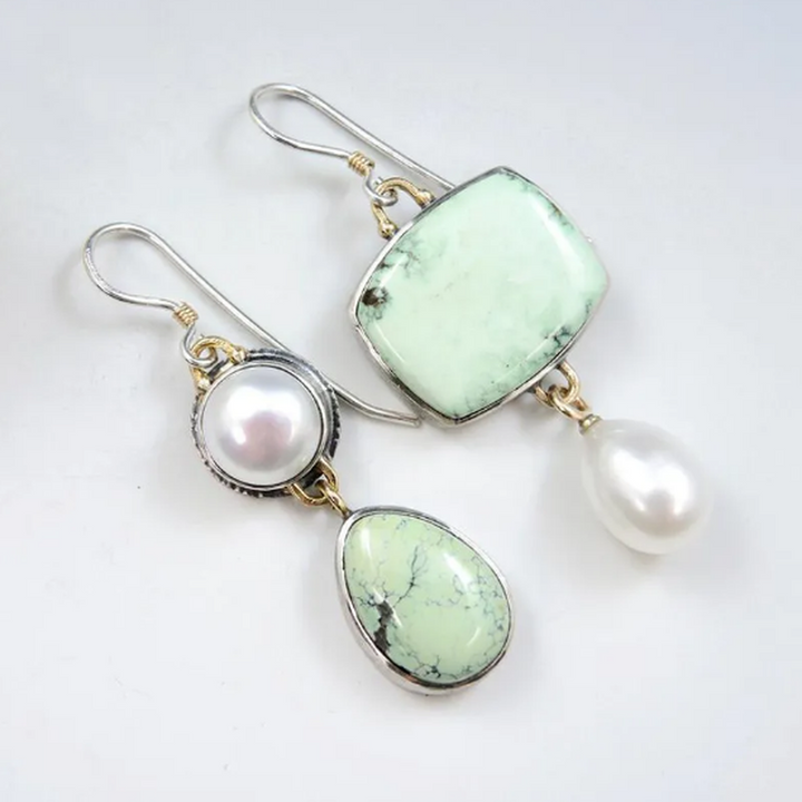 Asymmetric Pearl and Green Lacquer Earrings