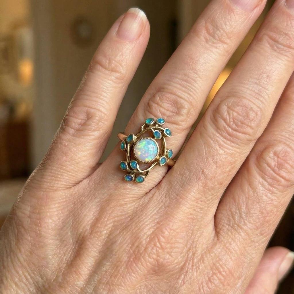 Blue Retro Ring with Crystals and Opal