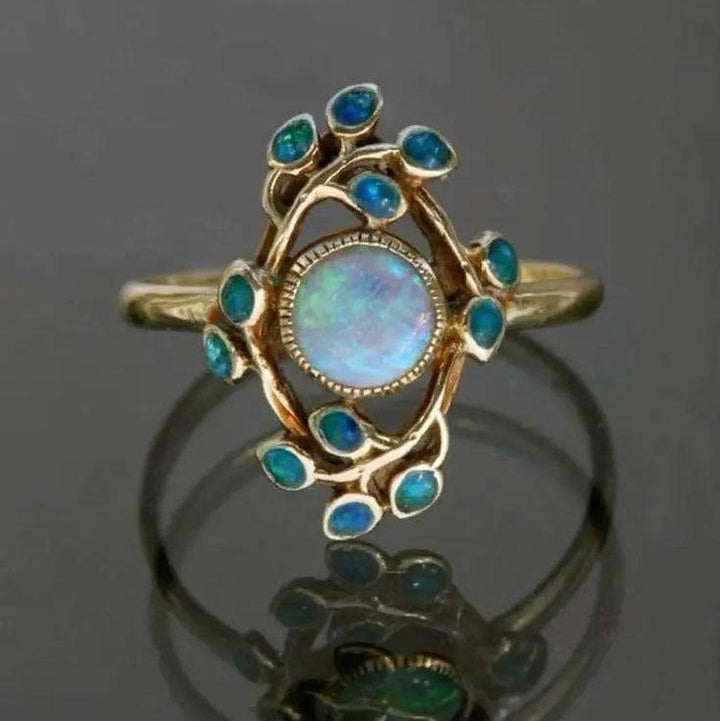 Blue Retro Ring with Crystals and Opal