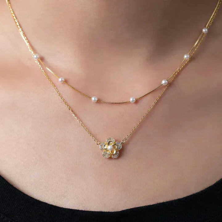 Flower Necklace with Double Pearls