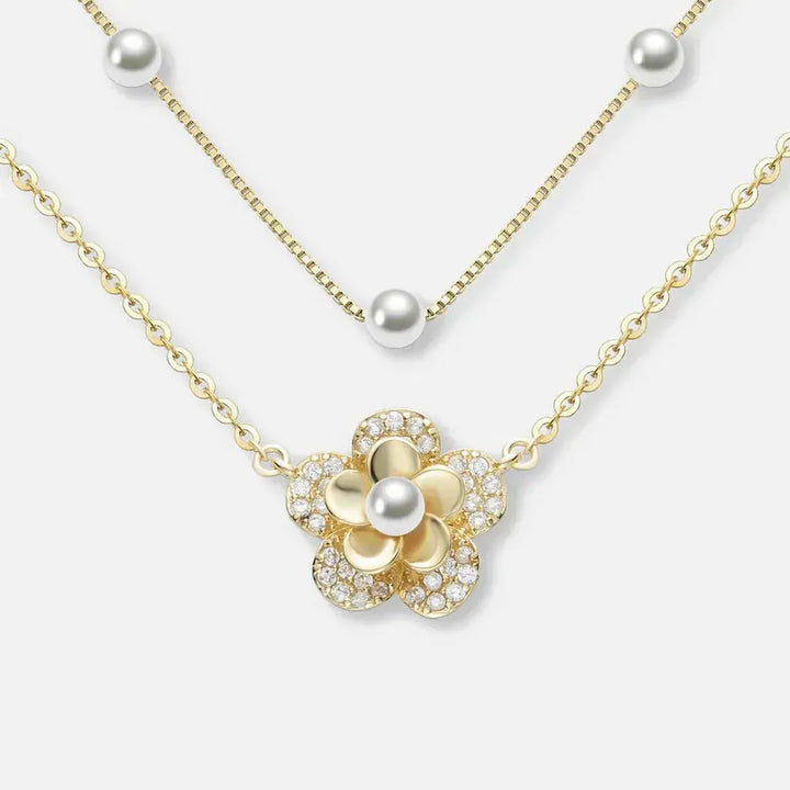 Flower Necklace with Double Pearls