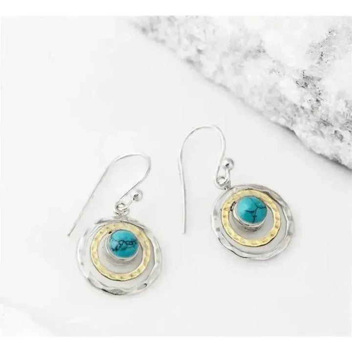 Boho Earrings “Saturn” with Turquoise in White Gold and Gold