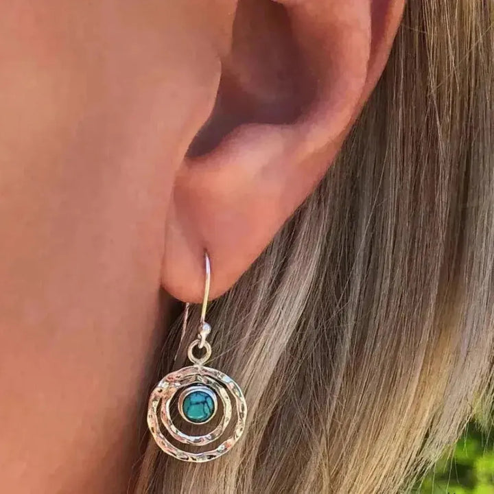 Boho Earrings “Saturn” with Turquoise in White Gold and Gold