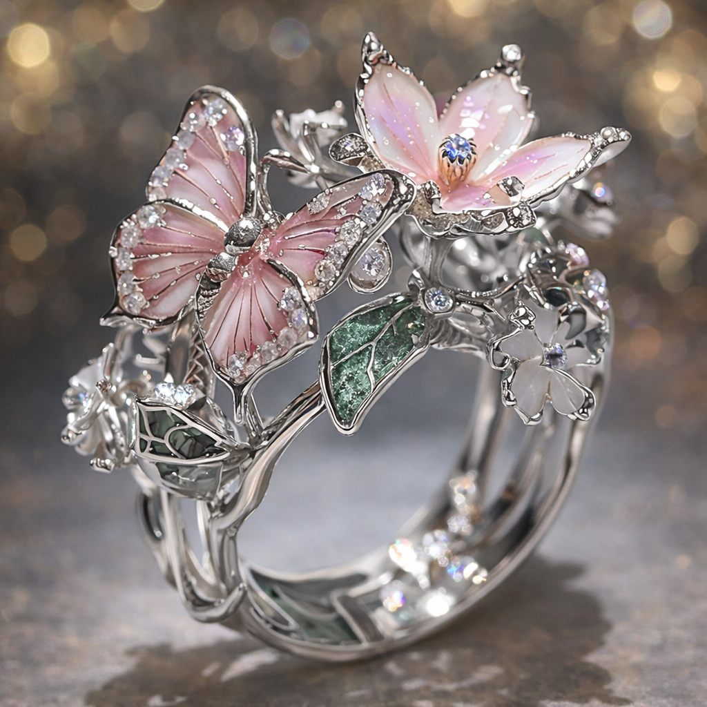 Shiny Butterfly Ring from Nature with Diamonds