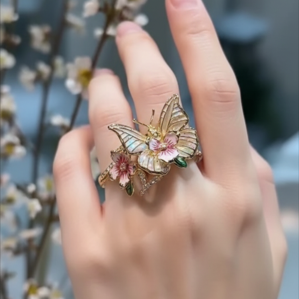 Shiny Butterfly Ring from Nature with Diamonds