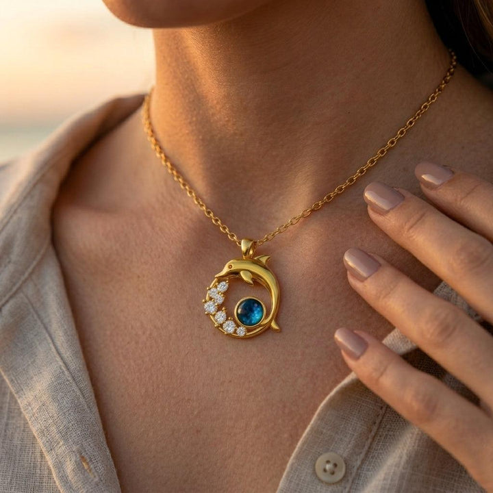 Golden Necklace with Dolphin and Crystal