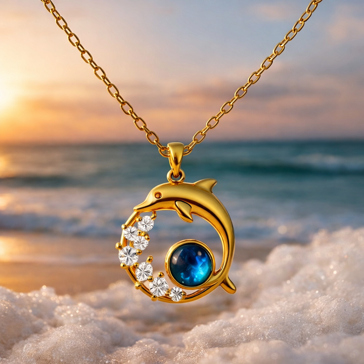 Golden Necklace with Dolphin and Crystal