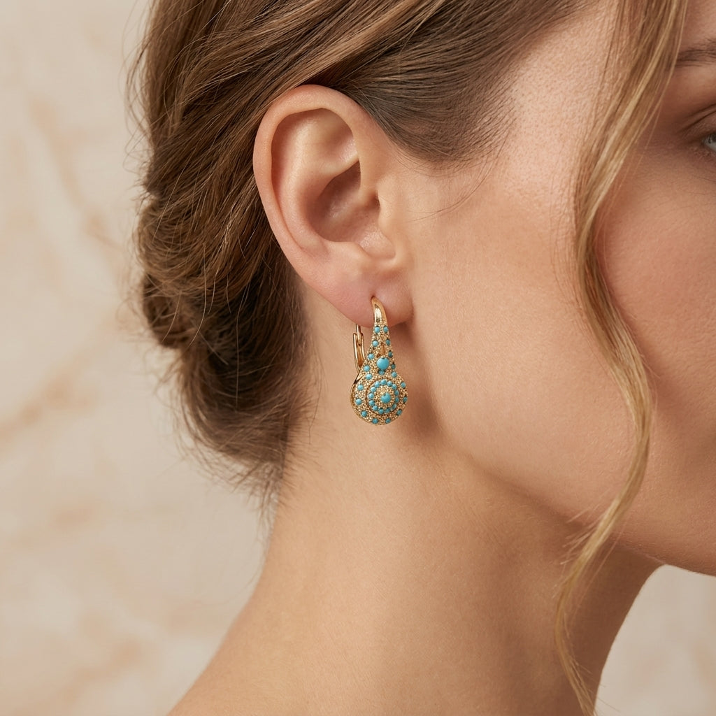 Golden Stud Earring Cluster with Turquoise