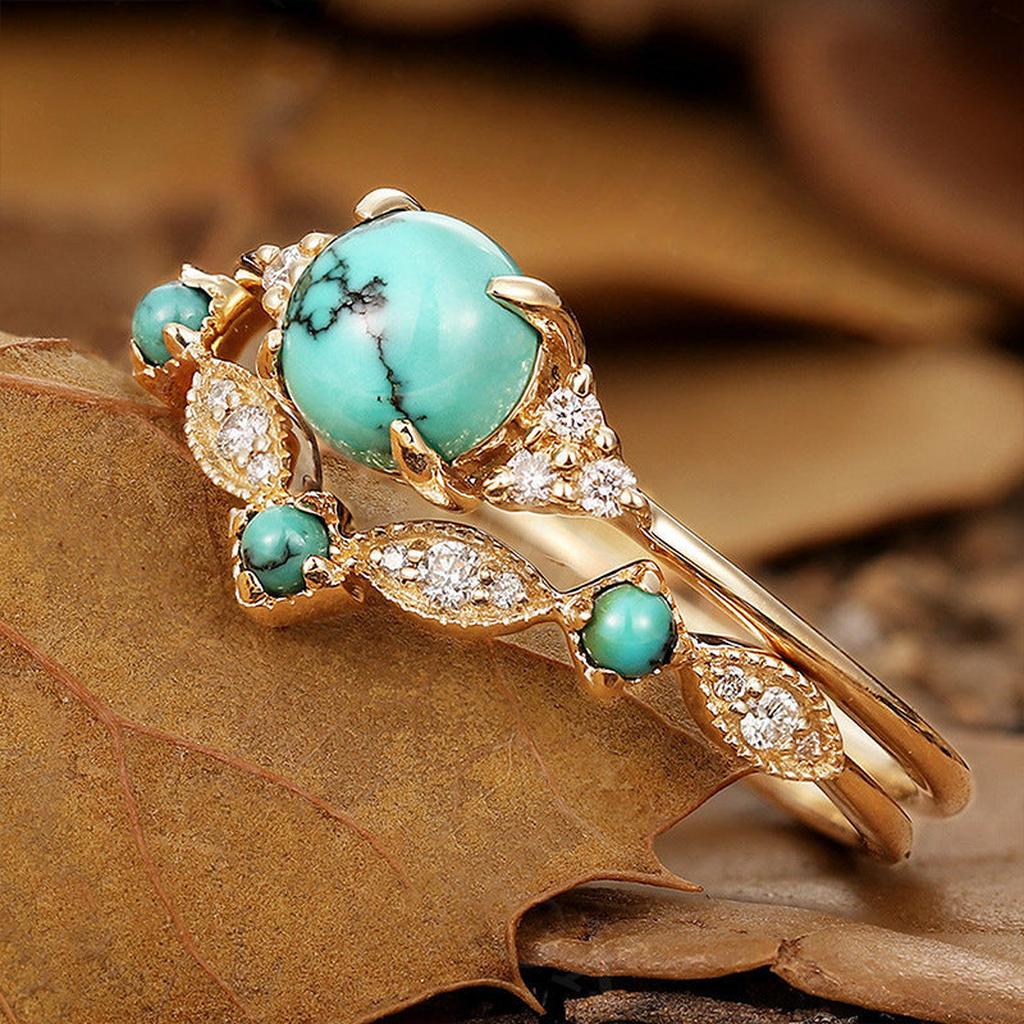 Gold Crown Ring Set with Turquoise