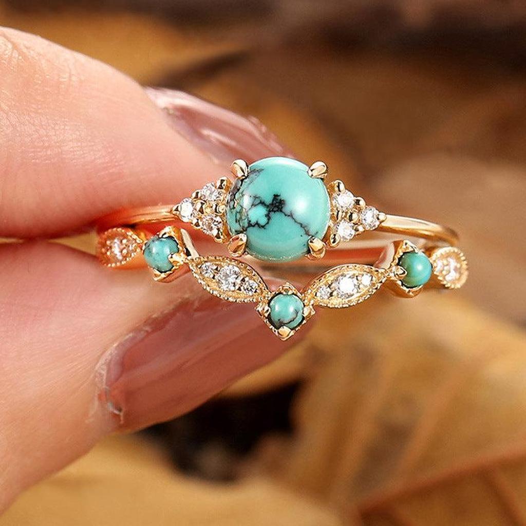 Gold Crown Ring Set with Turquoise