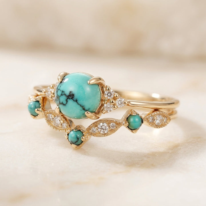 Gold Crown Ring Set with Turquoise