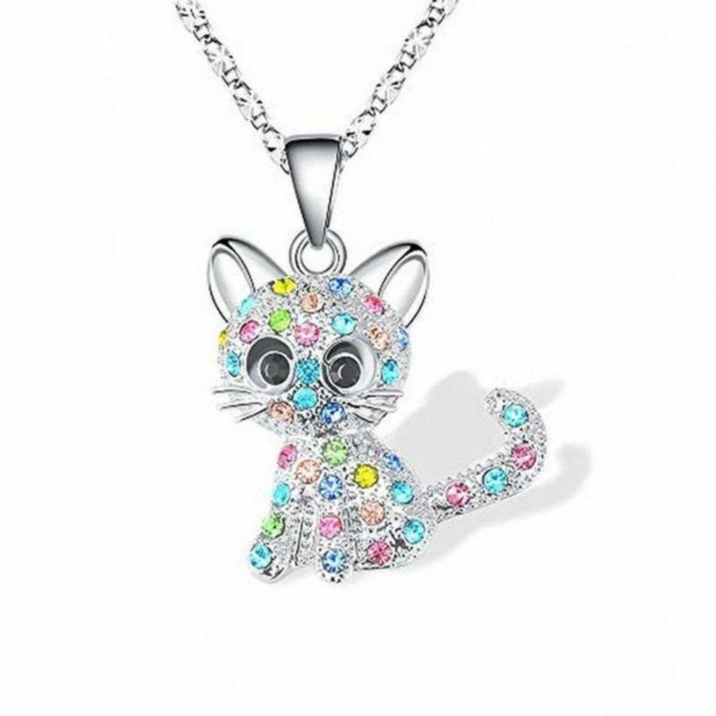 White Gold Necklace with Kittens and Colourful Diamonds