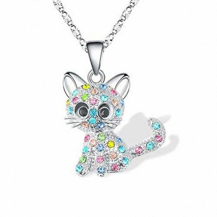 White Gold Necklace with Kittens and Colourful Diamonds