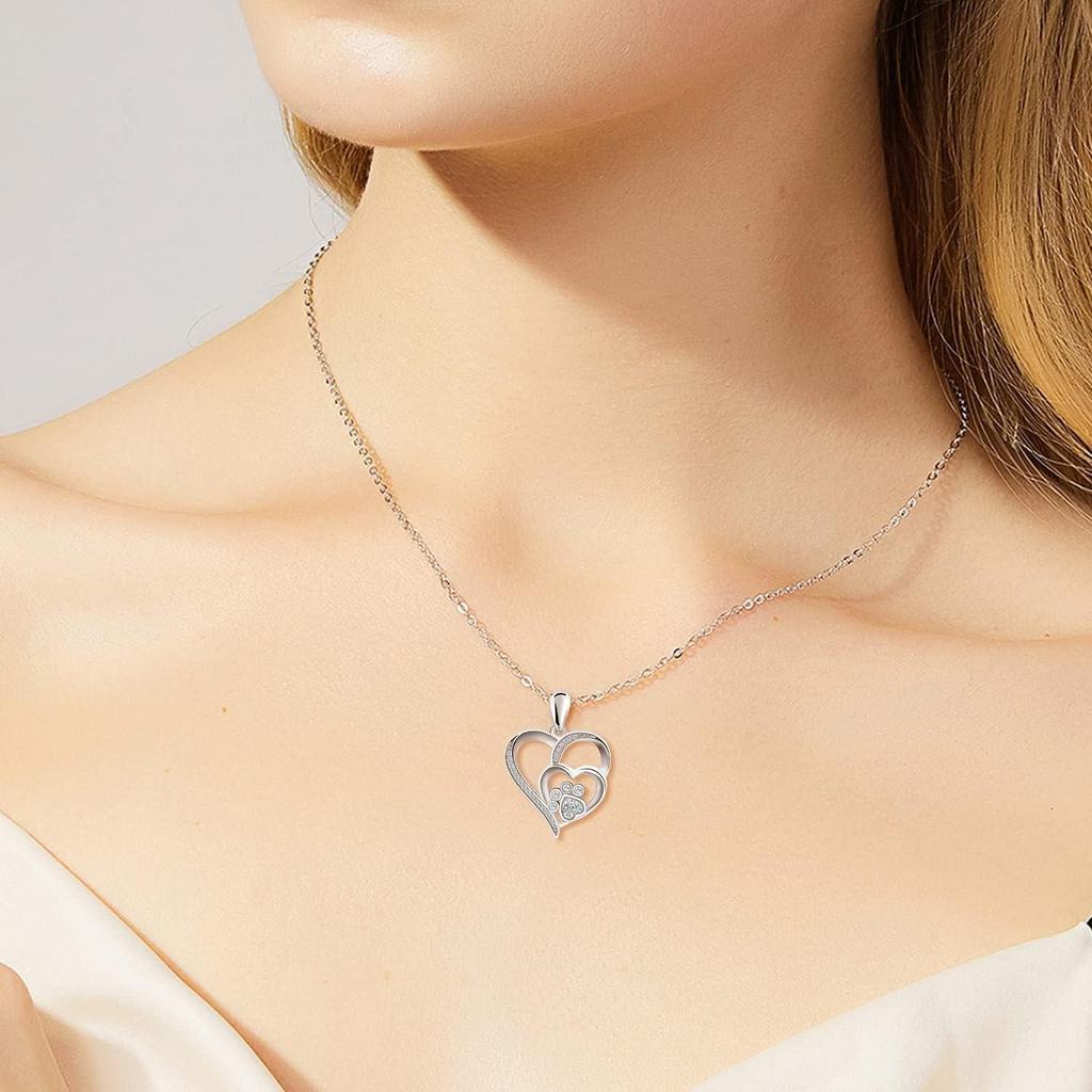 White Gold Necklace with Paw and Heart with Diamonds