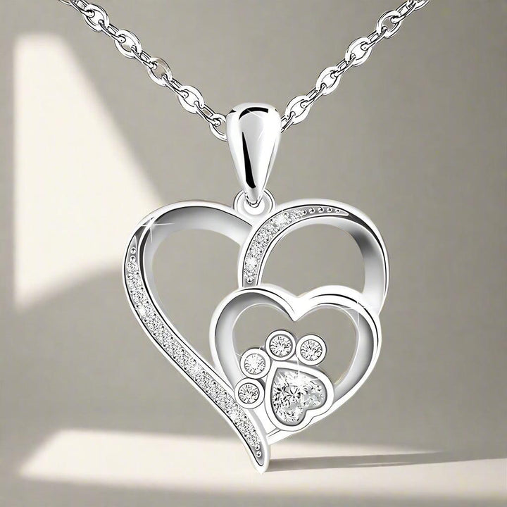 White Gold Necklace with Paw and Heart with Diamonds