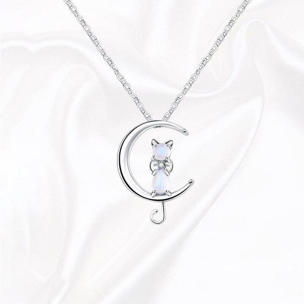 Necklace with Pendant in the Shape of a Crescent Moon and a Cat Made of Moonstone