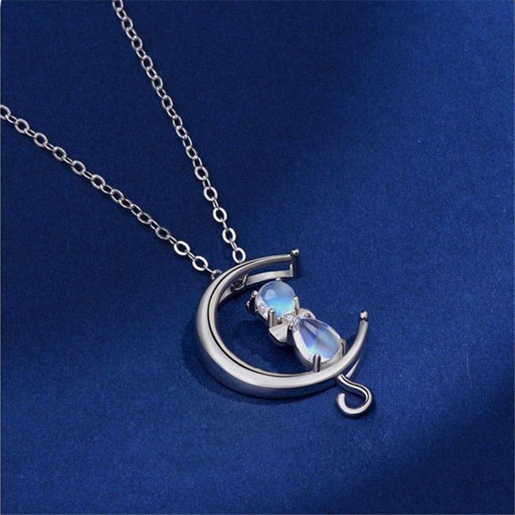 Necklace with Pendant in the Shape of a Crescent Moon and a Cat Made of Moonstone