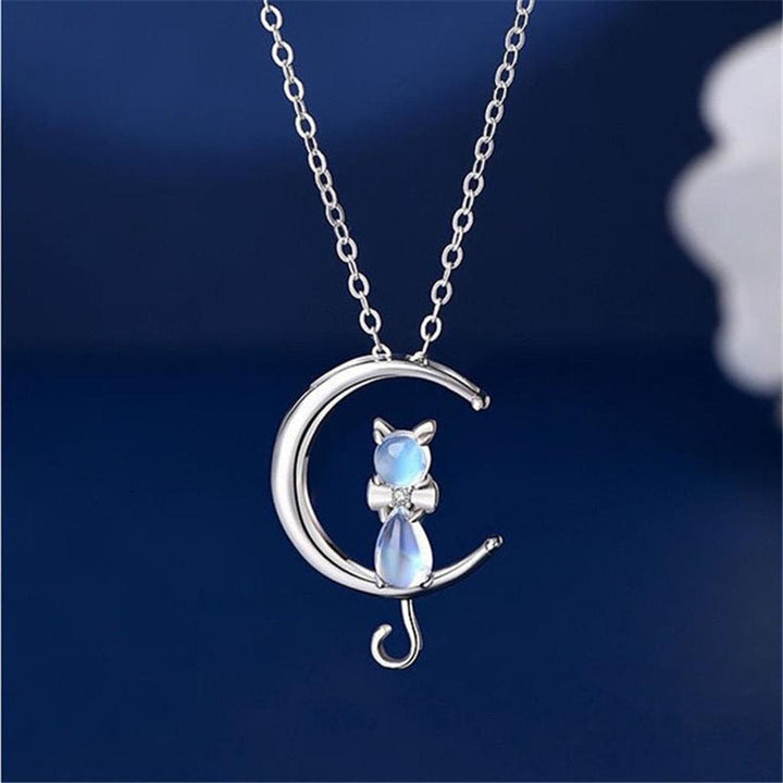 Necklace with Pendant in the Shape of a Crescent Moon and a Cat Made of Moonstone