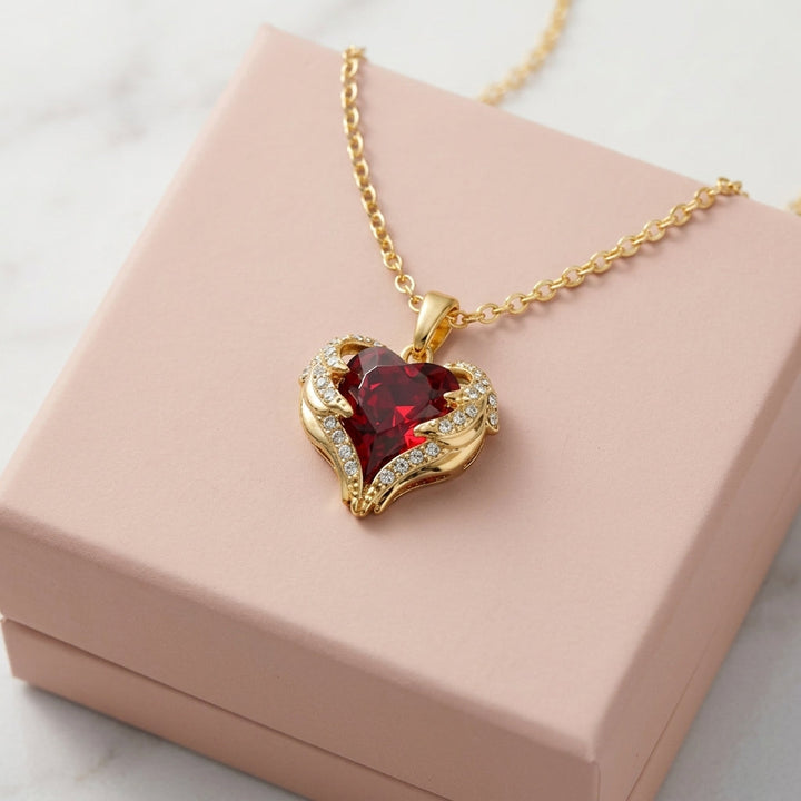 Ruby Heart Angel Necklace | Gold