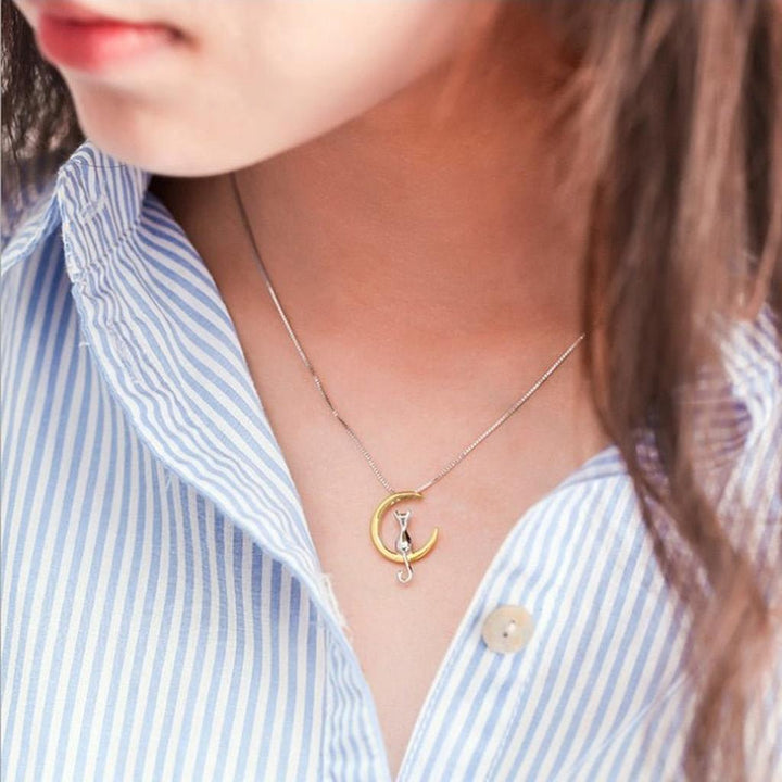 Necklace with Hanging Moon and Cat