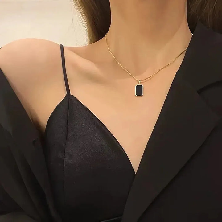 Necklace with Minimalist Square Pendant in Black Titanium