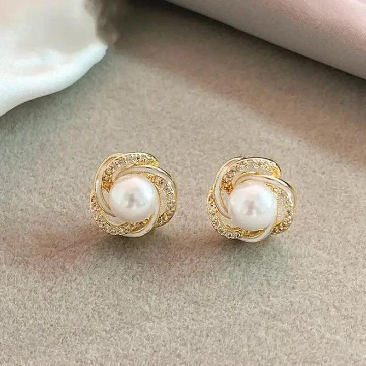 Gold Drop Earrings with Round Pearls and Zirconia