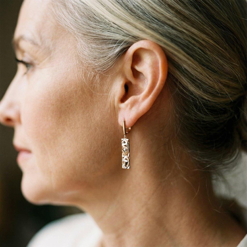 Rectangular Hanging Earrings in Gold and White Gold