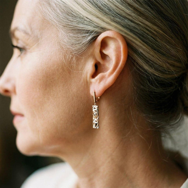 Rectangular Hanging Earrings in Gold and White Gold