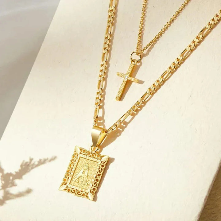 Cross Necklace with Initial | Gold