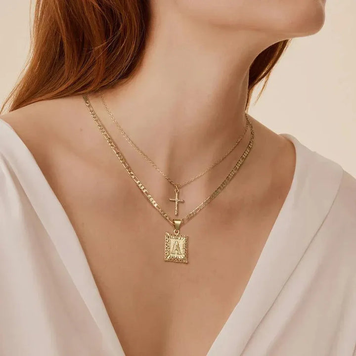 Cross Necklace with Initial | Gold