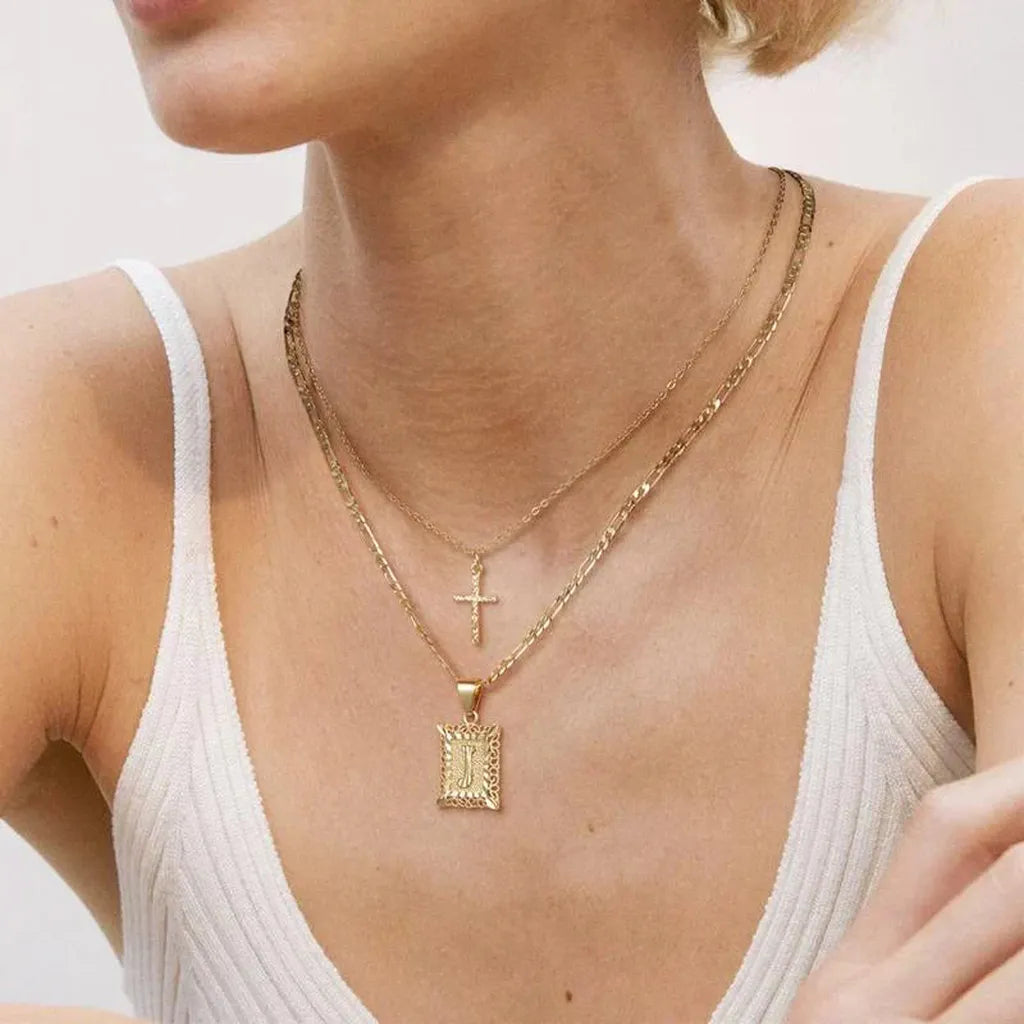 Cross Necklace with Initial | Gold