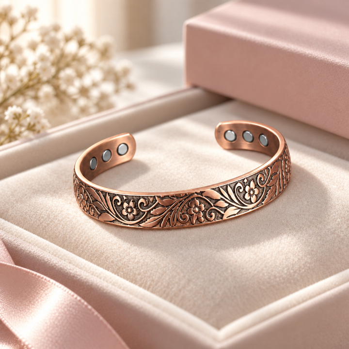 Copper bracelet with blooming vines