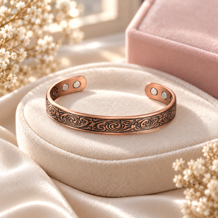 Copper bracelet with mystical swirls