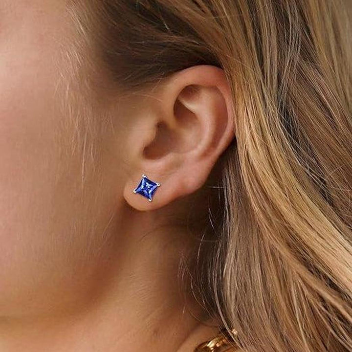 Minimalist Princess Cut Sapphire Stud Earrings | White Gold