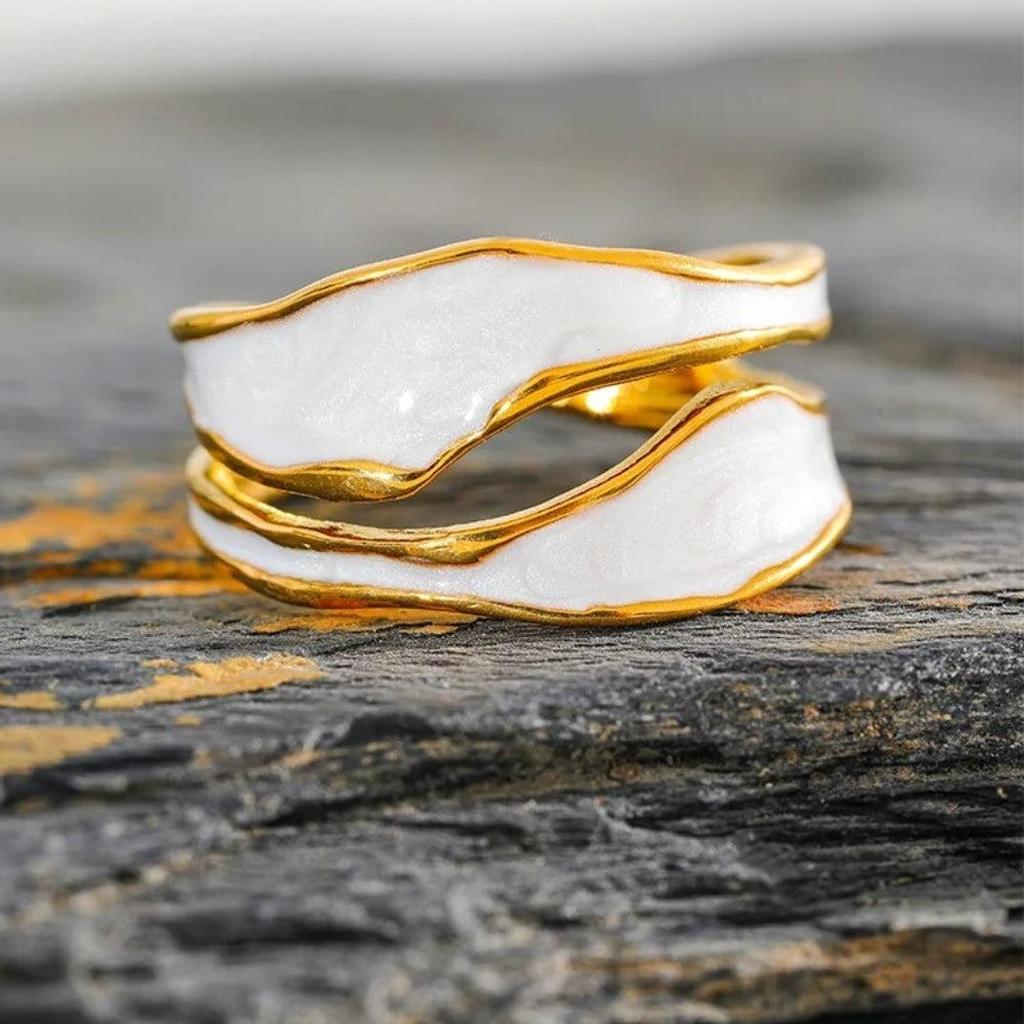 Open Ring with Spiral Pattern in White Gold with Enamel