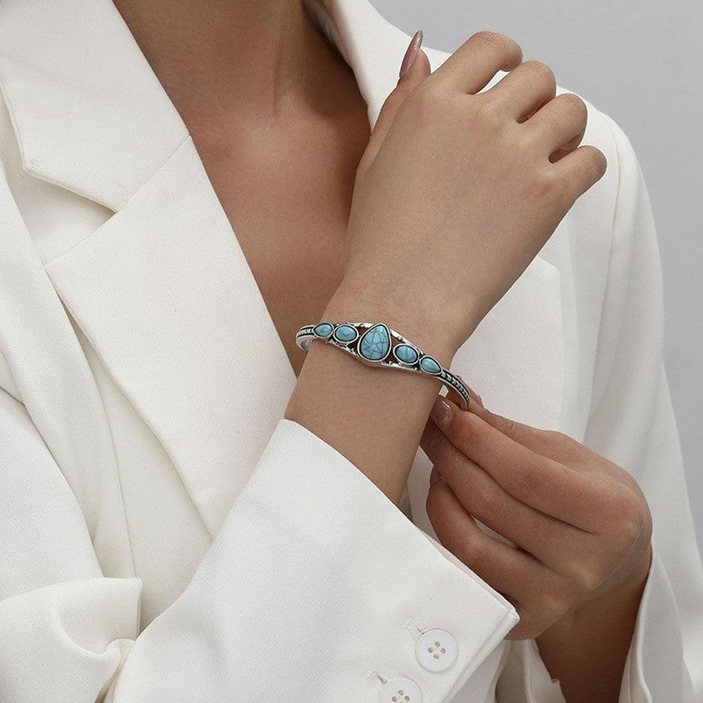 Open Turquoise Drop Bangle | White Gold