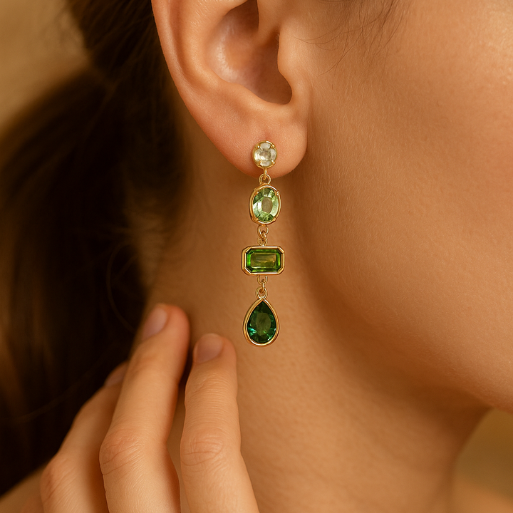 Earrings with Hanging Stones in Green Colour