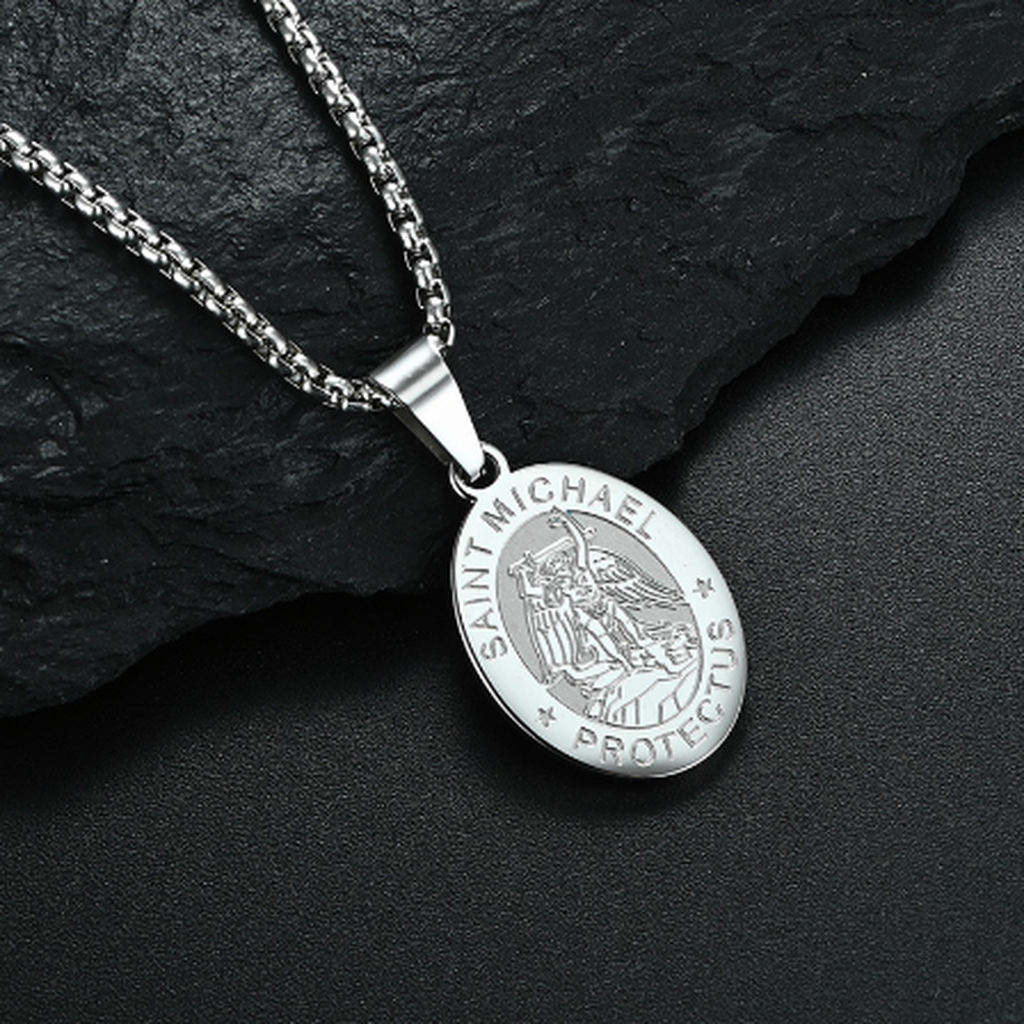 Oval Necklace with Angel Portrait in Stainless Steel