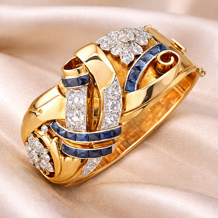 Retro Gold Ring with Blue Diamonds